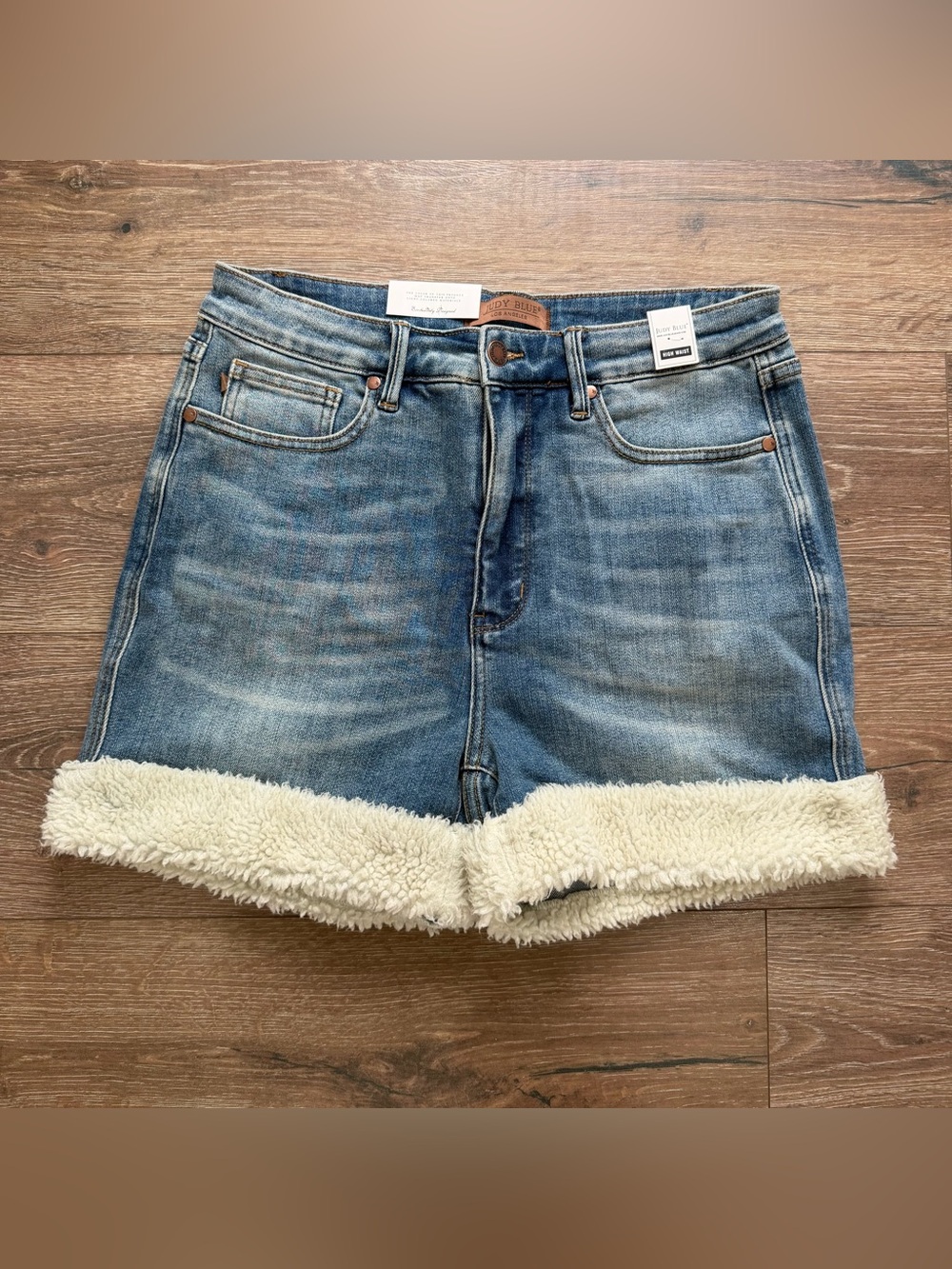 NWT JUDY BLUE High Waist Denim Sherpa Fleece Cuff Shorts Blue Size XL